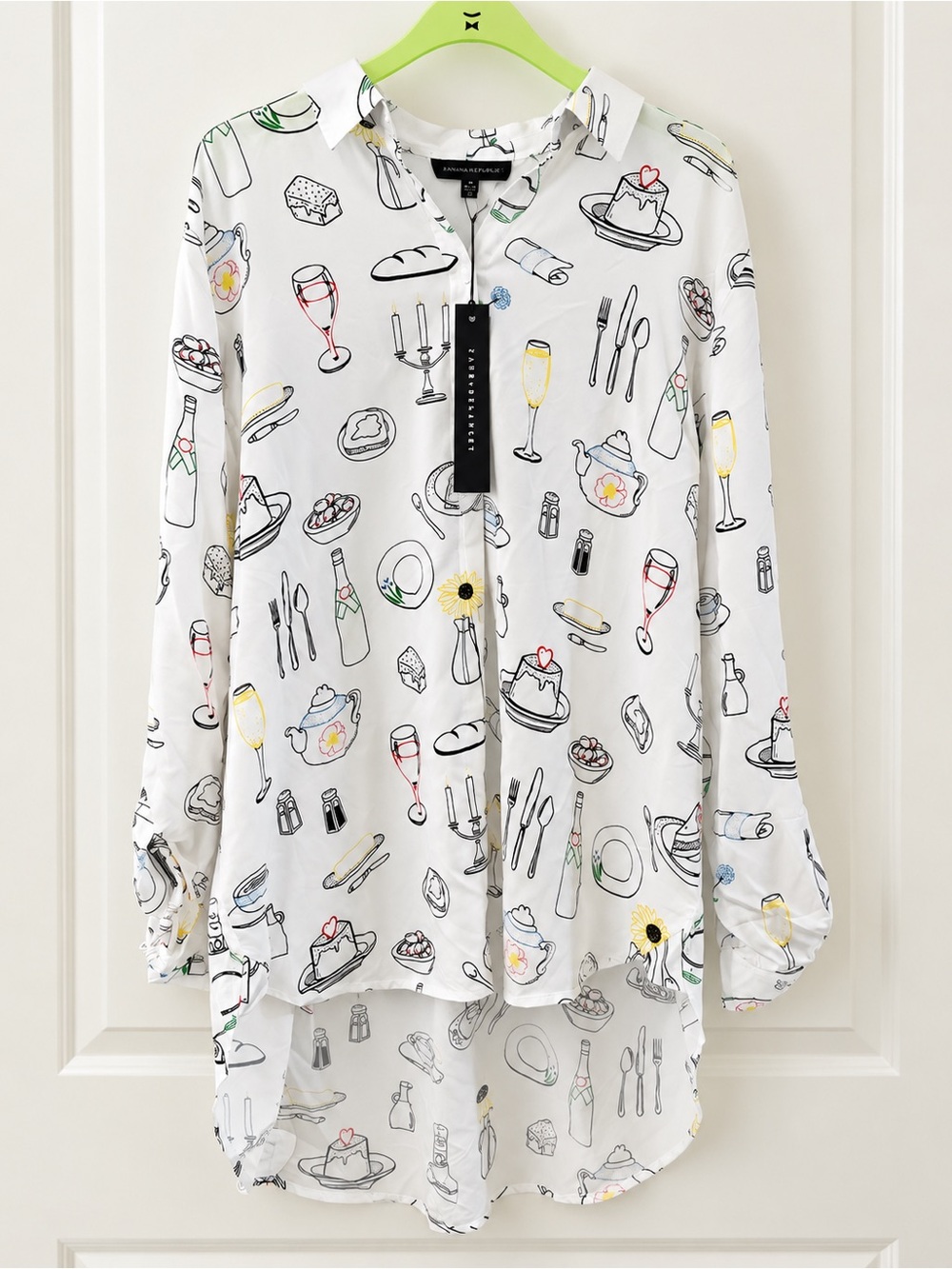 Jane and Delancey White Illustrated Dinnerware Print Button-Up Blouse